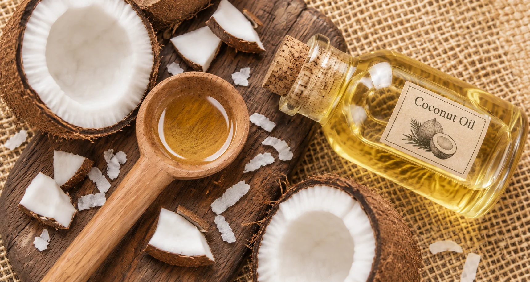 A bottle of coconut oil with a cork cap placed next to fresh coconuts, coconut pieces, and a wooden spoon on a wooden surface with a burlap background.